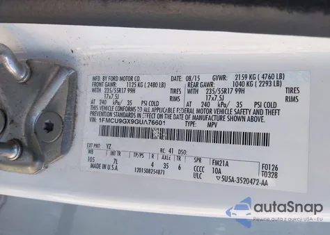 2016 Ford Escape Se from USA, damaged, VIN 1FMCU9GX9GUA76601